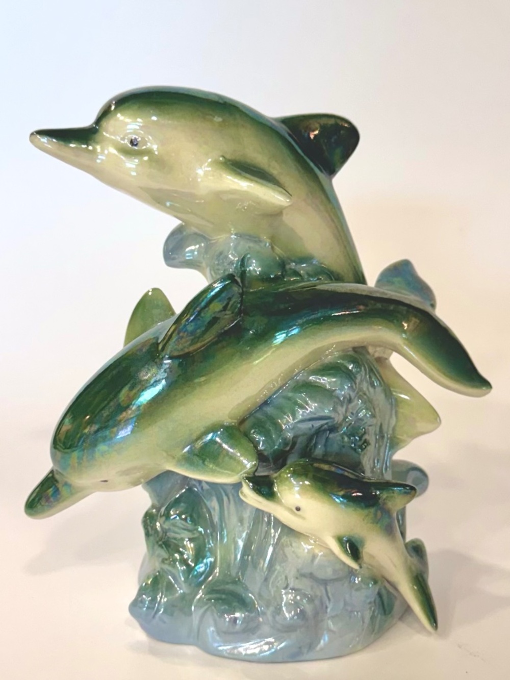 Vintage Iridescent Ceramic Lusterware Dolphin Family of 3 Figurine